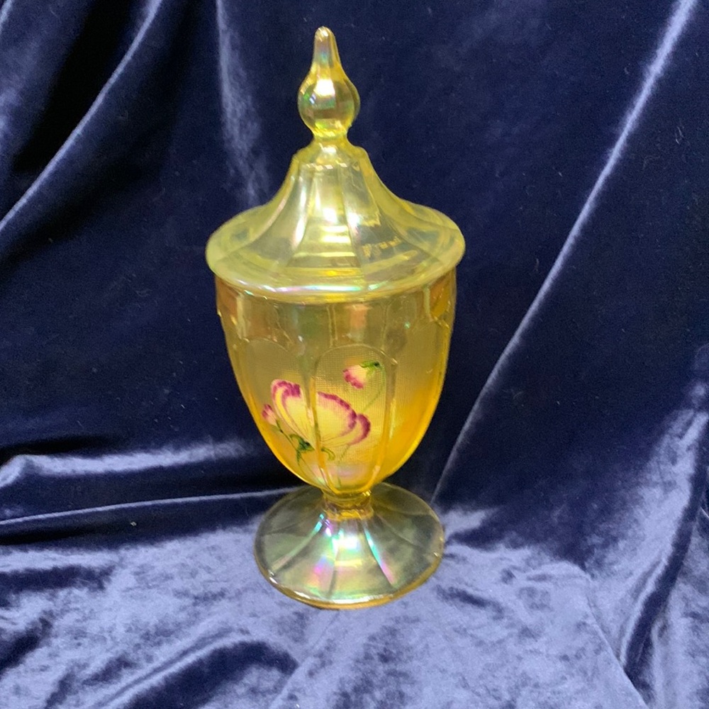 Hand painted and signed Fenton art pedestal candy dish with lid